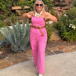 Strapless Pink Wide-Leg Jumpsuit with Belt